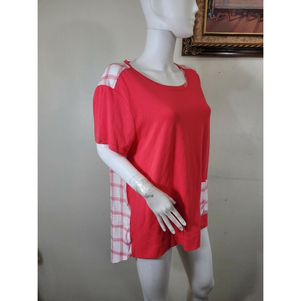 Westbound Top Women's Size 1X Plus Pink White Plaid Crewneck Short Sleeve (37) - Picture 3 of 9